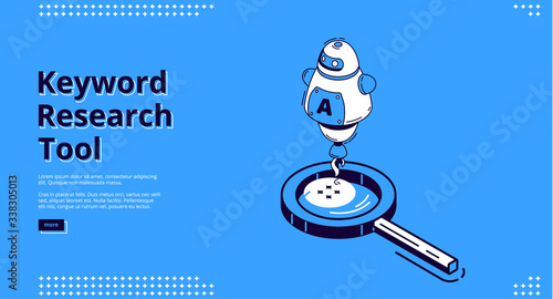 Keyword research tool isometric landing page with large magnifier, artificial intelligence isolated on blue. Seo optimization, analysis service 3d vector illustration, web banner line art