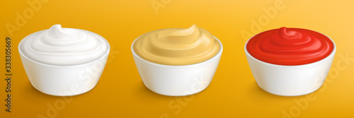 Mayonnaise, mustard sauce and ketchup in white dip bowls. Vector realistic 3d set of cups with cream, yogurt, cheese and tomato sauce for salad or barbecue isolated on yellow background