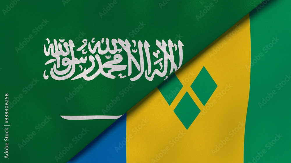 Fototapeta premium The flags of Saudi Arabia and Saint Vincent and Grenadines. News, reportage, business background. 3d illustration
