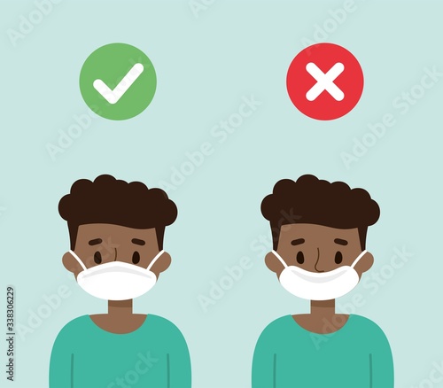 Cute boy showing how to wear a mask correctly