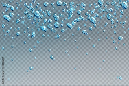 Air bubbles, effervescent water fizz border. Dynamic aqua motion, randomly moving underwater fizzing, soda drink frame design on transparent background, Realistic blue 3d vector illustration