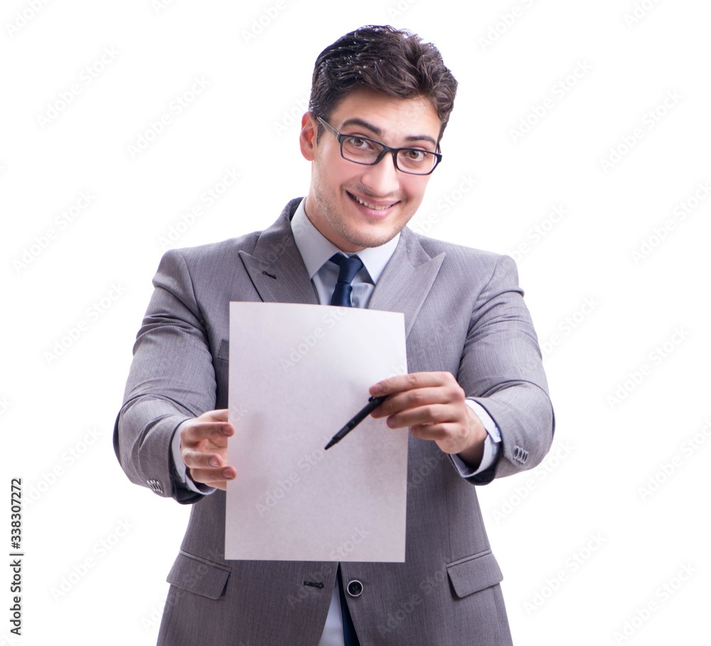 Businessman with blank message isolated on white Businessman with blank message isolated on white