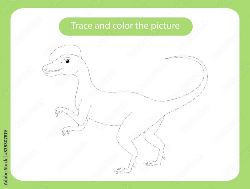 Fototapeta premium Dilophosaurus dinosaur. Trace and color the picture children s educational game.