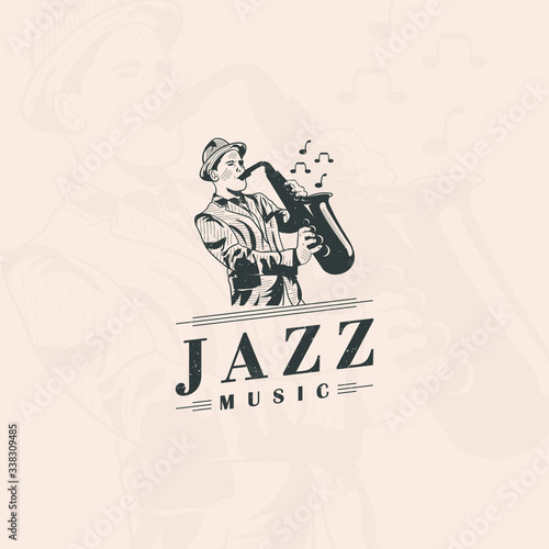 Play jazz music with saxophone logo design Premium Vector