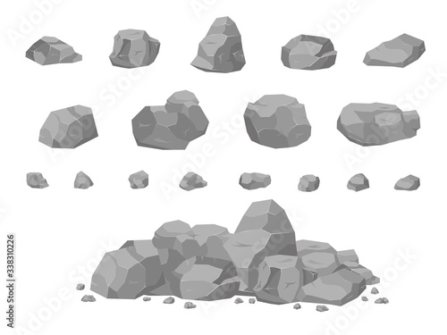 Set of stones in the style of 3D isomerism. Stones of different shapes for web design. Rock stone set cartoon. Stones and rocks