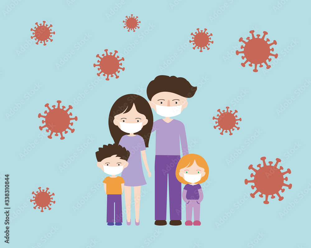 Simple cartoon flat design illustration of family with dad, mum and two children. Wears face masks due to coronavirus Covid-19 pandemic, vector Simple cartoon flat design illustration of family with dad, mum and two children. Wears face masks due to coronavirus Covid-19 pandemic, vector