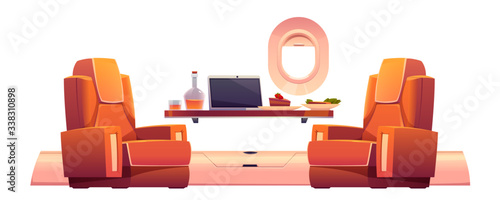Luxury interior of private jet with armchairs, table with laptop, food and drink. Vector cartoon illustration of business class plane cabin for rich passengers with comfortable seats isolated on white