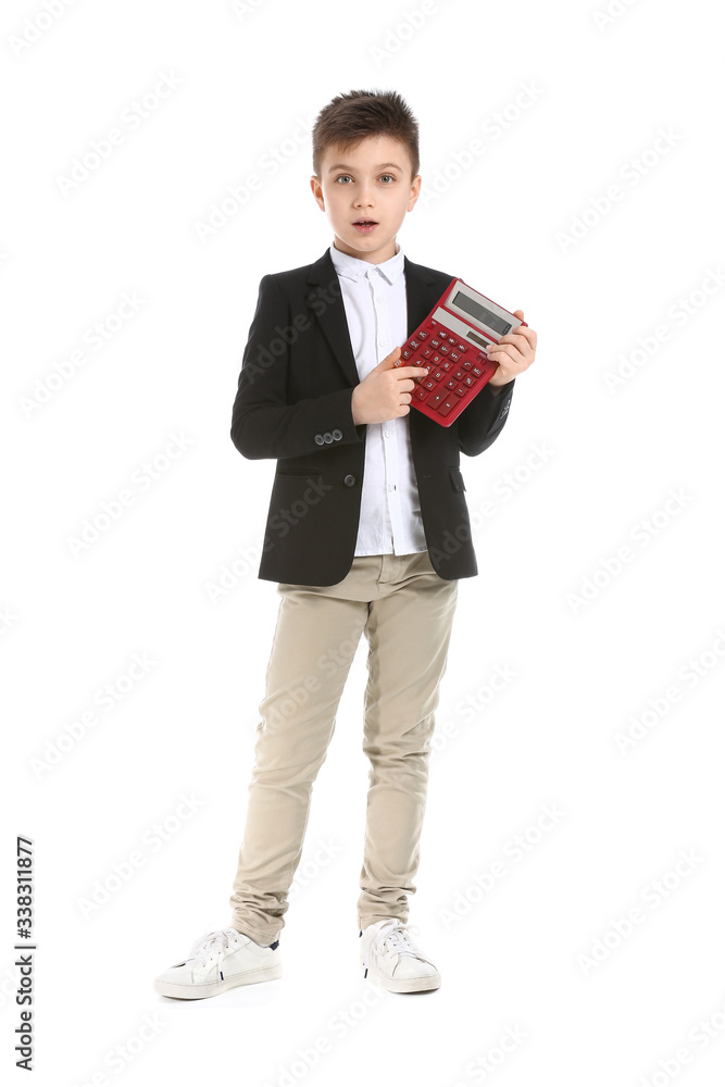Surprised little boy with calculator on white background Surprised little boy with calculator on white background