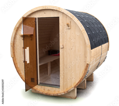 Outdoor Barrel sauna made of spruce wood. Isolated on white background. Exterior barrel sauna. Outdoor round shaped sauna. Front view