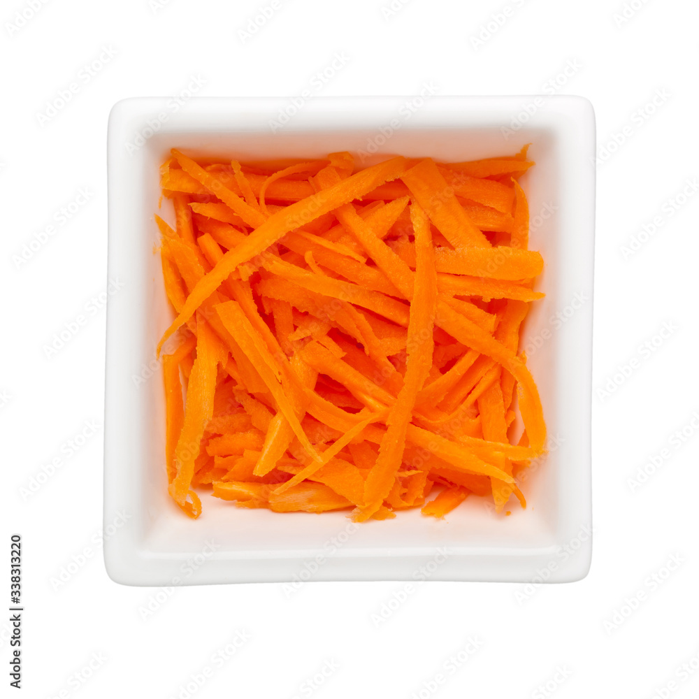 Shredded carrot in a square bowl isolated on white background;
Shredded carrot in a square bowl isolated on white background;
