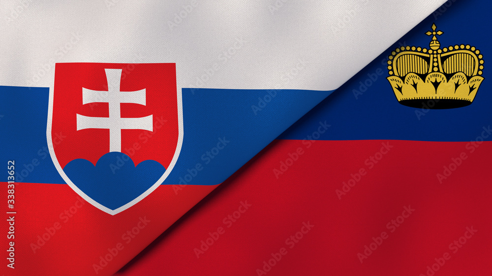The flags of Slovakia and Liechtenstein. News, reportage, business background. 3d illustration - obrazy, fototapety, plakaty 