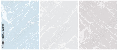 Set of 3 Delicate Abstract Marble Vector Layouts. Off-White Irregular Lines on a Blue and Gray Background. 2 Different Shades of Gray. Soft Marble Stone Style Art. Pastel Color Blank Set.