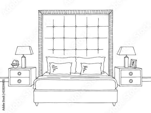 Bedroom graphic black white home interior front view sketch illustration vector