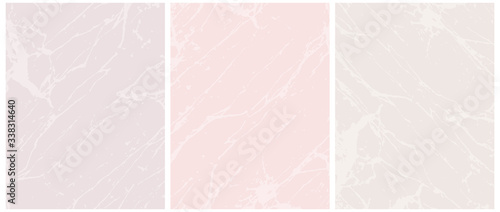 Set of 3 Delicate Abstract Marble Vector Layouts. Off-White Irregular Lines on a Beige and Pink Background. 2 Different Shades of Pink Color. Soft Marble Stone Style Art. Pastel Color Blank Set.