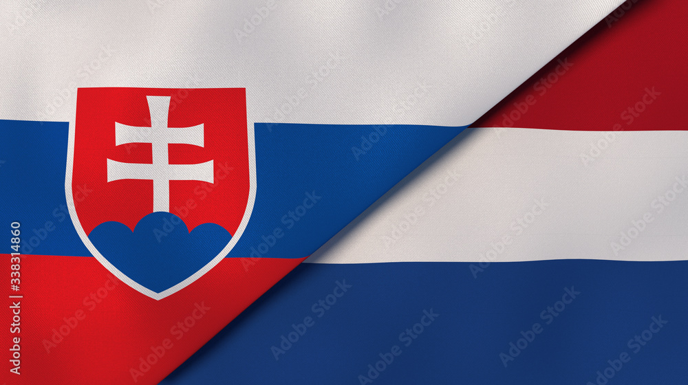 The flags of Slovakia and Netherlands. News, reportage, business background. 3d illustration