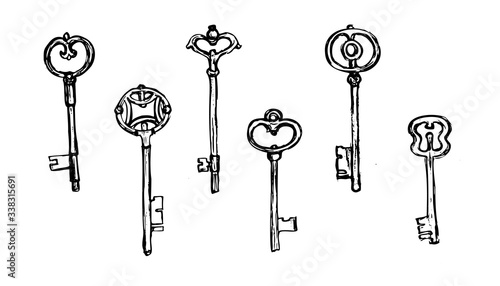 set of black hand-drawn keys isolated on a white background.