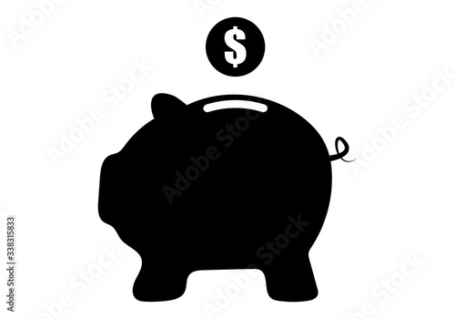 Silueta negra de una hucha de cerdo con moneda de dolar.