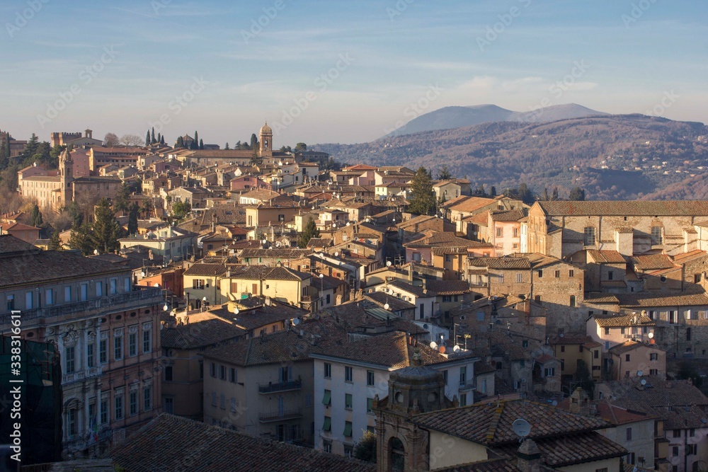 panoramic view of the ancient city of Perugia, surrounded by hills in Italy