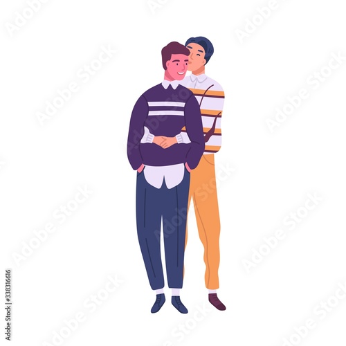 Cute homosexual couple isolated on white background. Man hugging and kissing his boyfriend. Romantic relationships between same sex people. Happy lgbt family. Vector illustration in flat cartoon style