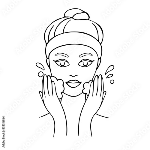 Girl cares about her face. Young woman cleans her skin. Hand drawn illustration. Vector illustration