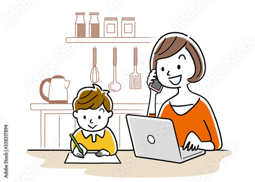 Illustration material: Young woman using a computer beside a child
