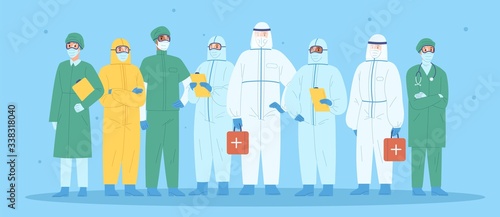 Group of medical workers in personal protective equipment. Physicians, nurses, paramedics, surgeons in workwear. Hospital team standing together wearing uniform or protection suit. Vector illustration