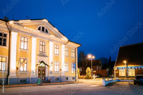 Parnu, Estonia. Night View Of Parnu Visitor Center In Evening Night Illuminations