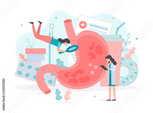 Diagnosis and treatment of gastritis. Refusal from harmful food. Stomach health. Medical concept. Flat vector illustration.