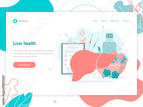 Liver health concept. Prevention of cirrhosis, hepatitis. Vaccination. Medical web banner template. Flat vector illustration.