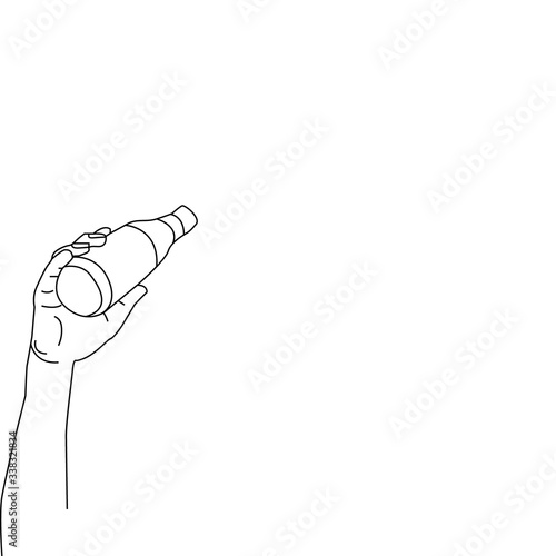 Line art illustration hand take a bottle isolated on white background