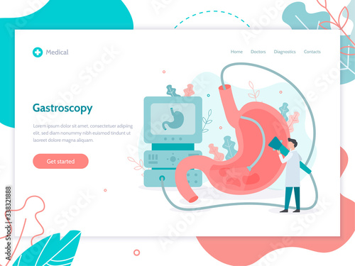 Performing a gastroscopy procedure. Web banner design template. Stomach health medical concept. Flat vector illustration.