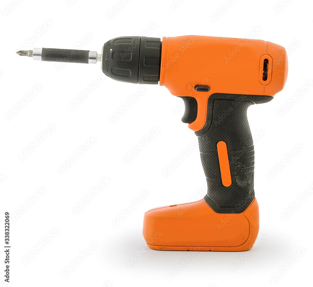 Electric Screwdriver. Isolated on white background with natural shadow. Tool to drive a screw on white bg.