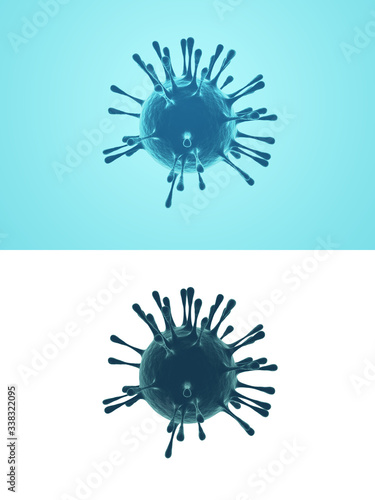  Coronavirus cells. 3D illustration on white and blue isolated