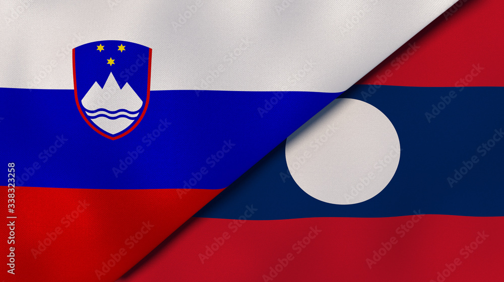 The flags of Slovenia and Laos. News, reportage, business background. 3d illustration