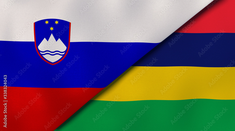 Naklejka premium The flags of Slovenia and Mauritius. News, reportage, business background. 3d illustration