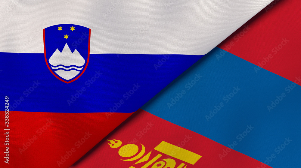 The flags of Slovenia and Mongolia. News, reportage, business background. 3d illustration