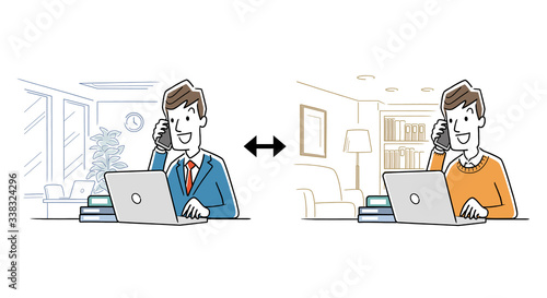 Illustration material: teleworking man, work at office, work at home、