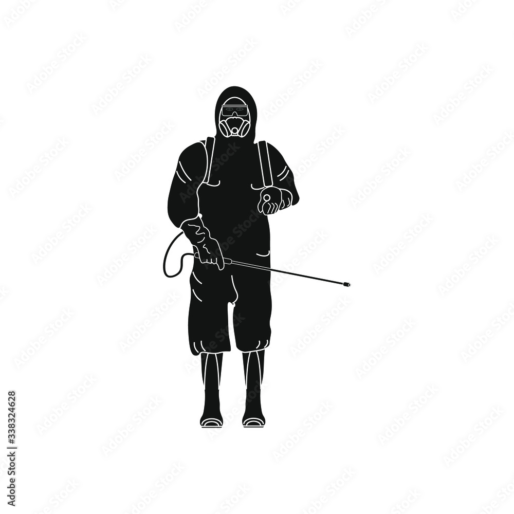 A man with protective equipment is disinfected with a sprayer in the city. Surface treatment due to covid-19 coronavirus disease. Vector illustration for web and mobile design. A man with protective equipment is disinfected with a sprayer in the city. Surface treatment due to covid-19 coronavirus disease. Vector illustration for web and mobile design.