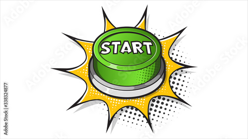 Green Start button expression text on a Comic bubble with halftone. Vector illustration of a bright and dynamic cartoonish img in retro pop art style isolated on white background