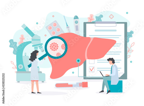 Treatment of hepatitis. Doctors conduct medical tests of the liver. Medical concept with tiny people. Flat vector illustration.
