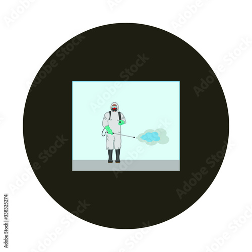 A man with protective equipment is disinfected with a sprayer in the city. Surface treatment due to covid-19 coronavirus disease. Vector illustration for web and mobile design.