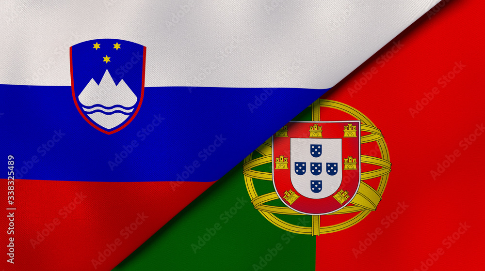 Fototapeta premium The flags of Slovenia and Portugal. News, reportage, business background. 3d illustration