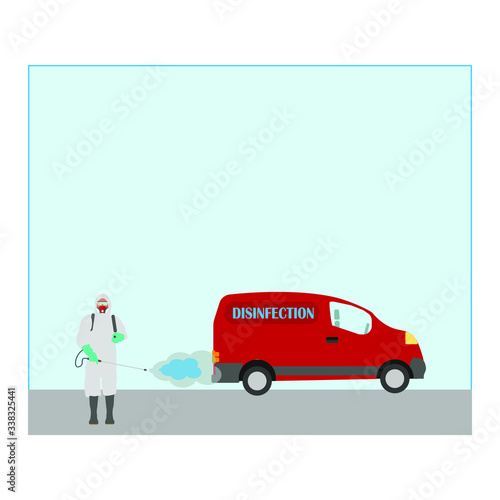 A man with protective equipment is disinfected with a sprayer in the city. Surface treatment due to covid-19 coronavirus disease. Vector illustration for web and mobile design.