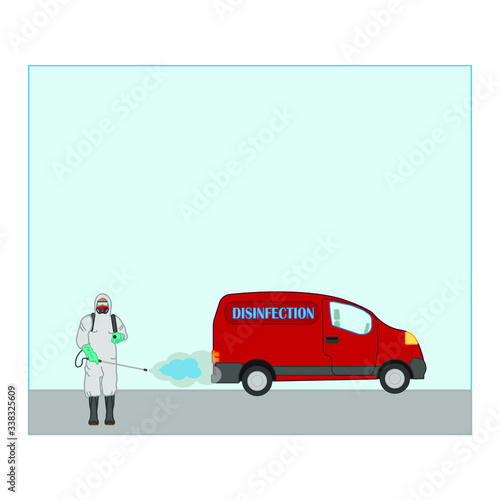 A man with protective equipment is disinfected with a sprayer in the city. Surface treatment due to covid-19 coronavirus disease. Vector illustration for web and mobile design.