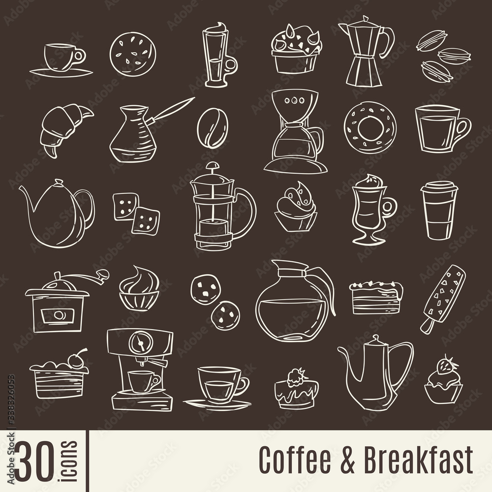 Flat icons Coffee and breakfast infographic icons set.