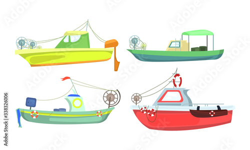 Different kinds of passenger ships and boats over white background