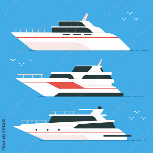 Yacht and boat vector flat set isolated on background.