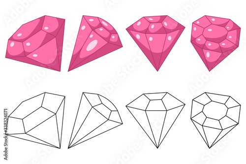Diamond or crystal vector cartoon set isolated on a white background.