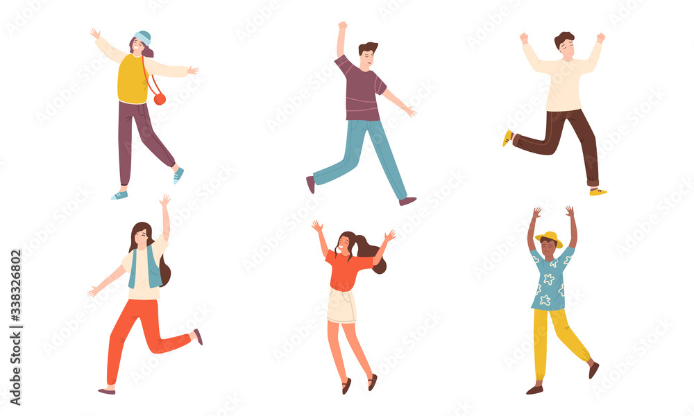 Young smiling girls and boys jumping and feeling happy vector illustration
