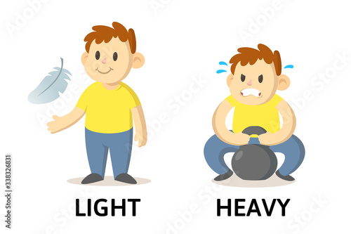 Words light and heavy textcard with cartoon characters. Opposite adjectives explanation card. Flat vector illustration, isolated on white background.